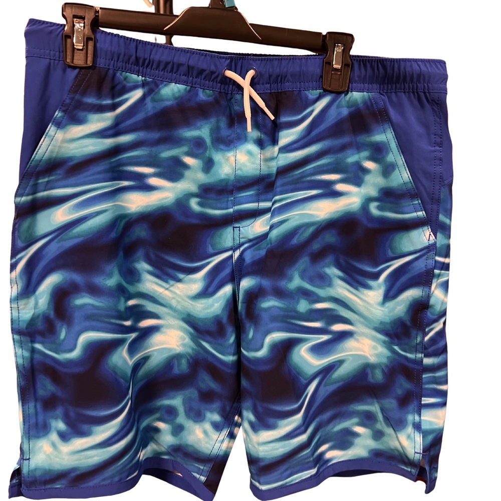 Lands End Boys youth Swim Trunks XXL 18-20 Electric Blue Multi Drawstring Pocket